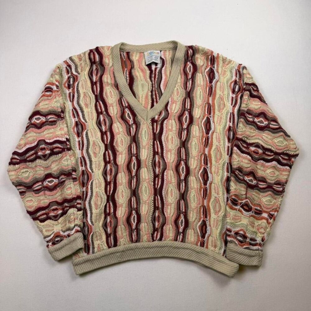 Vintage 90s Coogi 3d Knit Sweater Cotton Pink Maroon V Neck Cosby Size Small